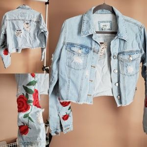 Cropped Distressed Rose Embroidered Jean Jacket